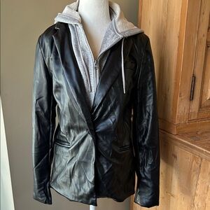 Rachel Zoe Black Faux Leather Blazer with Partial Grey Hoodie Zip Out Layer